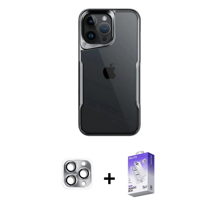 MARSİLYAN™- iPhone 16 Pro Max Kılıf Akış Çizgi Koleksiyonu - Siyah Bilvis 5in1 3D Magic Cam Ekran Koruyucu + Pers Alüminyum Kamera Lens - GI