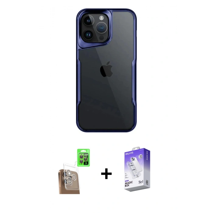 MARSİLYAN™- iPhone 16 Pro Max Kılıf Akış Çizgi Koleksiyonu - Siyah Bilvis 5in1 3D Magic Cam Ekran Koruyucu + Raze Metal Kamera Lens - CLTM