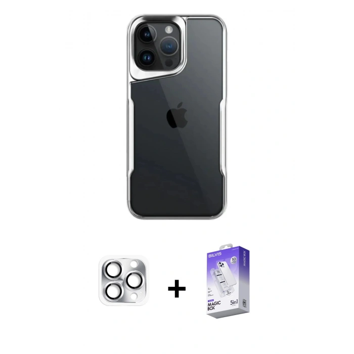 MARSİLYAN™- iPhone 16 Pro Max Kılıf Akış Çizgi Koleksiyonu - Siyah Bilvis 5in1 3D Magic Cam Ekran Koruyucu + Pers Alüminyum Kamera Lens - GS