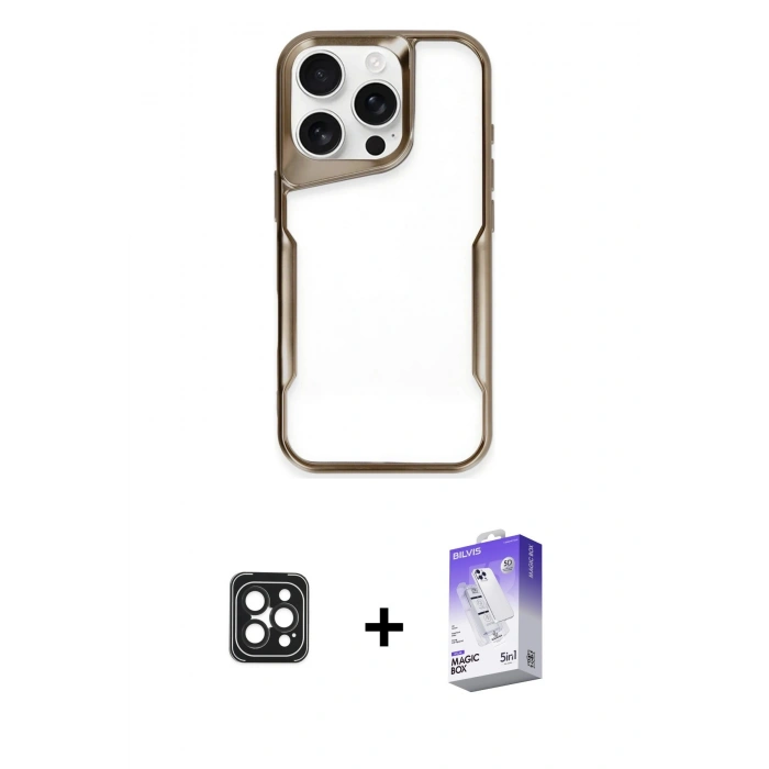 MARSİLYAN™- iPhone 16 Pro Max Kılıf Akış Çizgi Koleksiyonu - Siyah Bilvis 5in1 3D Magic Cam Ekran Koruyucu + Siyah PVD Metal Kamera Lens