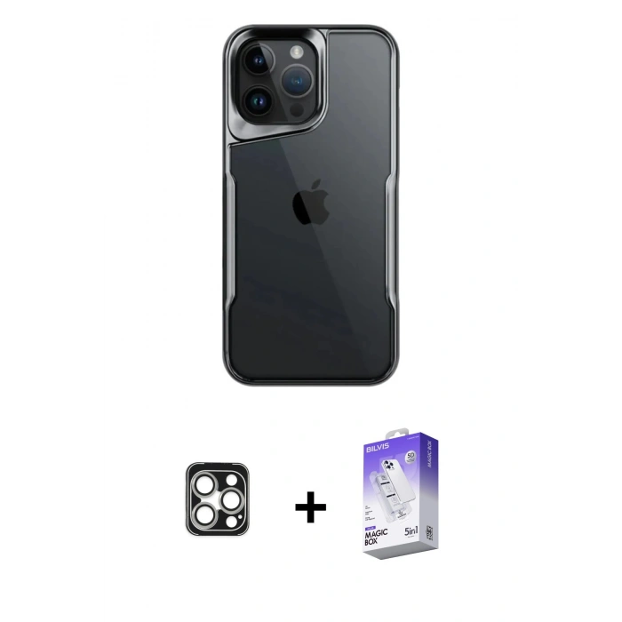 MARSİLYAN™- iPhone 16 Pro Max Kılıf Akış Çizgi Koleksiyonu - Siyah Bilvis 5in1 3D Magic Cam Ekran Koruyucu + Gümüş PVD Metal Kamera Lens