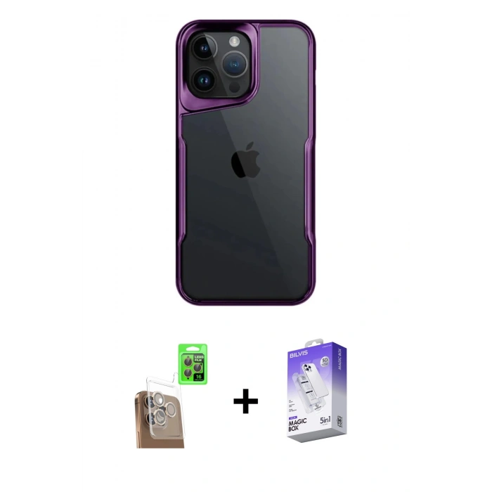 MARSİLYAN™- iPhone 16 Pro Max Kılıf Akış Çizgi Koleksiyonu - Siyah Bilvis 5in1 3D Magic Cam Ekran Koruyucu + Raze Metal Kamera Lens - CLTM