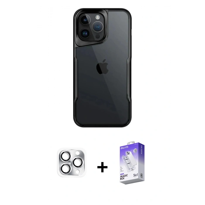 MARSİLYAN™- iPhone 16 Pro Max Kılıf Akış Çizgi Koleksiyonu - Siyah Bilvis 5in1 3D Magic Cam Ekran Koruyucu + Pers Alüminyum Kamera Lens - GS