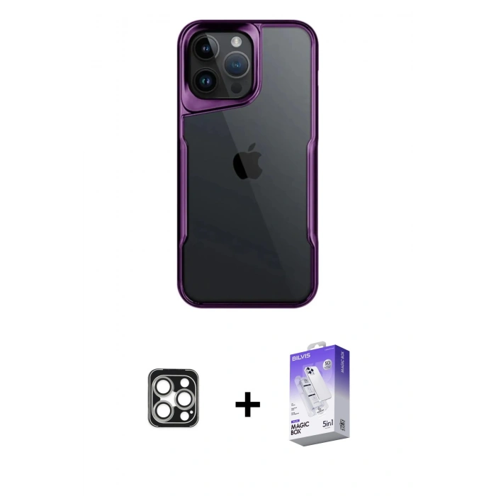 MARSİLYAN™- iPhone 16 Pro Max Kılıf Akış Çizgi Koleksiyonu - Siyah Bilvis 5in1 3D Magic Cam Ekran Koruyucu + Gümüş PVD Metal Kamera Lens