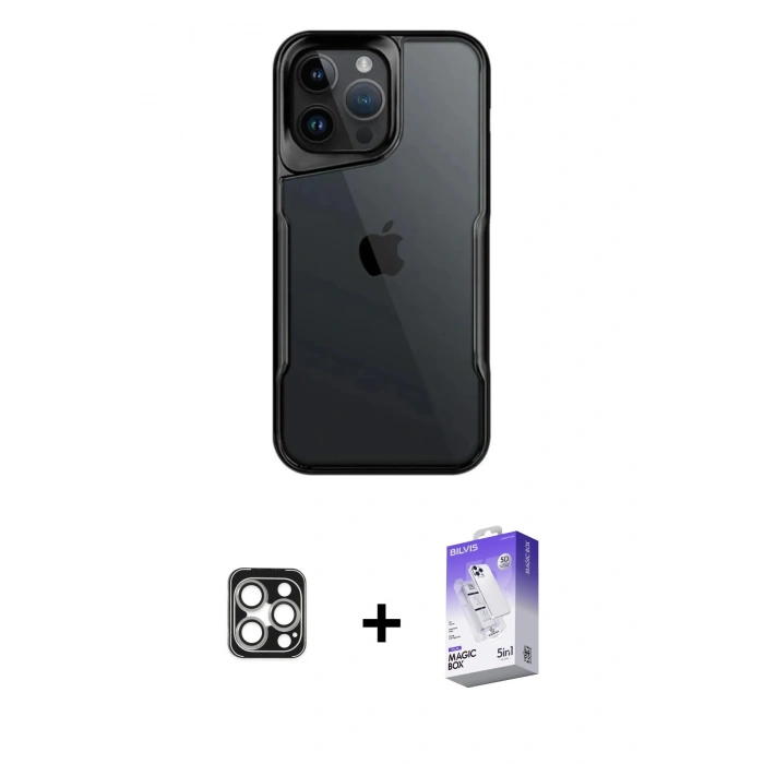 MARSİLYAN™- iPhone 16 Pro Max Kılıf Akış Çizgi Koleksiyonu - Siyah Bilvis 5in1 3D Magic Cam Ekran Koruyucu + Gümüş PVD Metal Kamera Lens