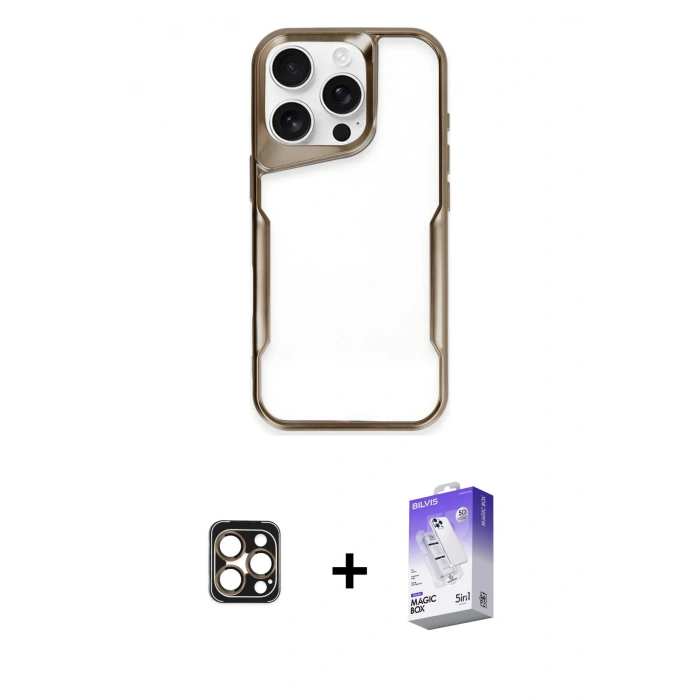 MARSİLYAN™- iPhone 16 Pro Max Kılıf Akış Çizgi Koleksiyonu - Siyah Bilvis 5in1 3D Magic Cam Ekran Koruyucu + PVD Metal Kamera Lens - GD