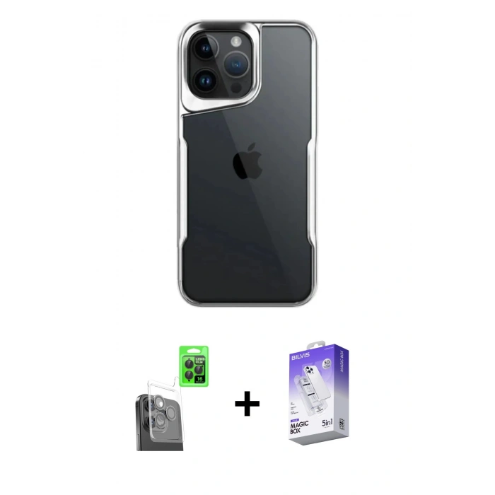 MARSİLYAN™- iPhone 16 Pro Max Kılıf Akış Çizgi Koleksiyonu - Siyah Bilvis 5in1 3D Magic Cam Ekran Koruyucu + Raze Metal Kamera Lens - SH