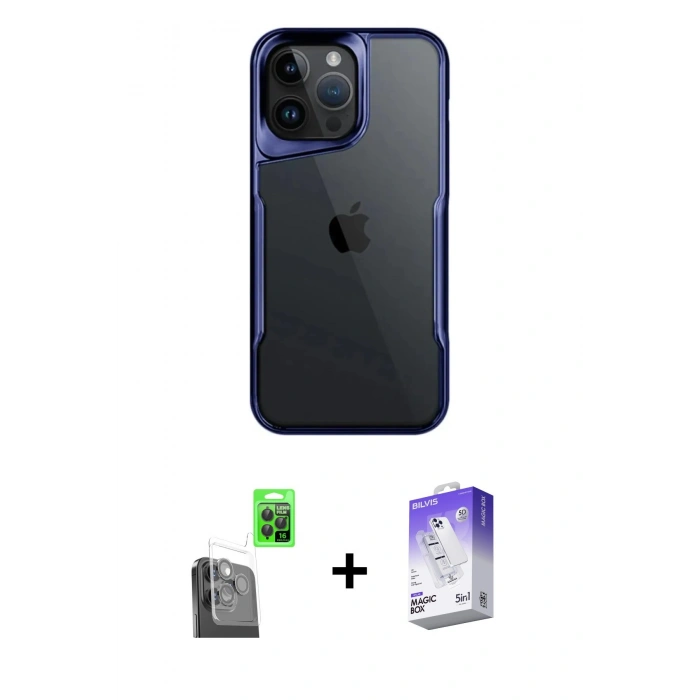 MARSİLYAN™- iPhone 16 Pro Max Kılıf Akış Çizgi Koleksiyonu - Siyah Bilvis 5in1 3D Magic Cam Ekran Koruyucu + Raze Metal Kamera Lens - SH
