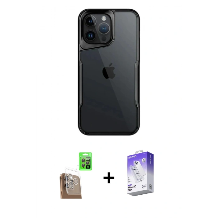 MARSİLYAN™- iPhone 16 Pro Max Kılıf Akış Çizgi Koleksiyonu - Siyah Bilvis 5in1 3D Magic Cam Ekran Koruyucu + Raze Metal Kamera Lens - CLTM