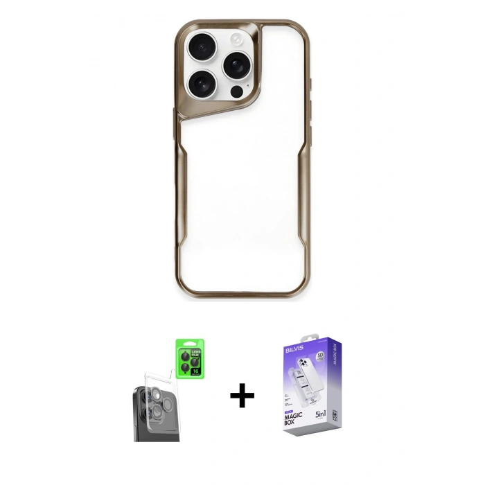 MARSİLYAN™- iPhone 16 Pro Max Kılıf Akış Çizgi Koleksiyonu - Siyah Bilvis 5in1 3D Magic Cam Ekran Koruyucu + Raze Metal Kamera Lens - SH