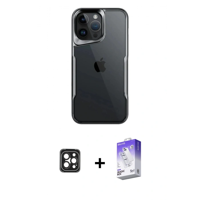 MARSİLYAN™- iPhone 16 Pro Max Kılıf Akış Çizgi Koleksiyonu - Siyah Bilvis 5in1 3D Magic Cam Ekran Koruyucu + Siyah PVD Metal Kamera Lens