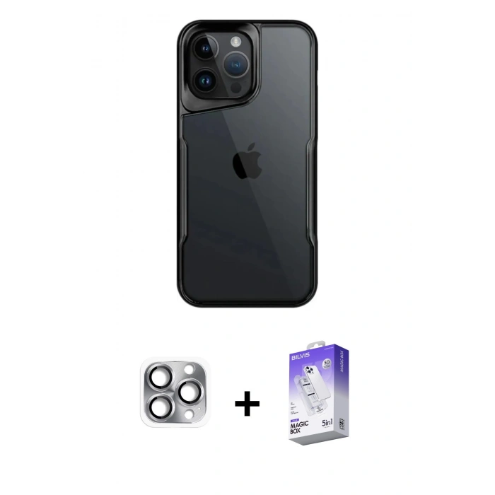 MARSİLYAN™- iPhone 16 Pro Max Kılıf Akış Çizgi Koleksiyonu - Siyah Bilvis 5in1 3D Magic Cam Ekran Koruyucu + Pers Alüminyum Kamera Lens - GI