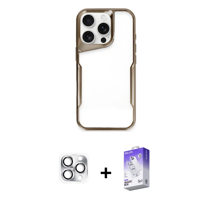 MARSİLYAN™- iPhone 16 Pro Max Kılıf Akış Çizgi Koleksiyonu - Siyah Bilvis 5in1 3D Magic Cam Ekran Koruyucu + Pers Alüminyum Kamera Lens - GS