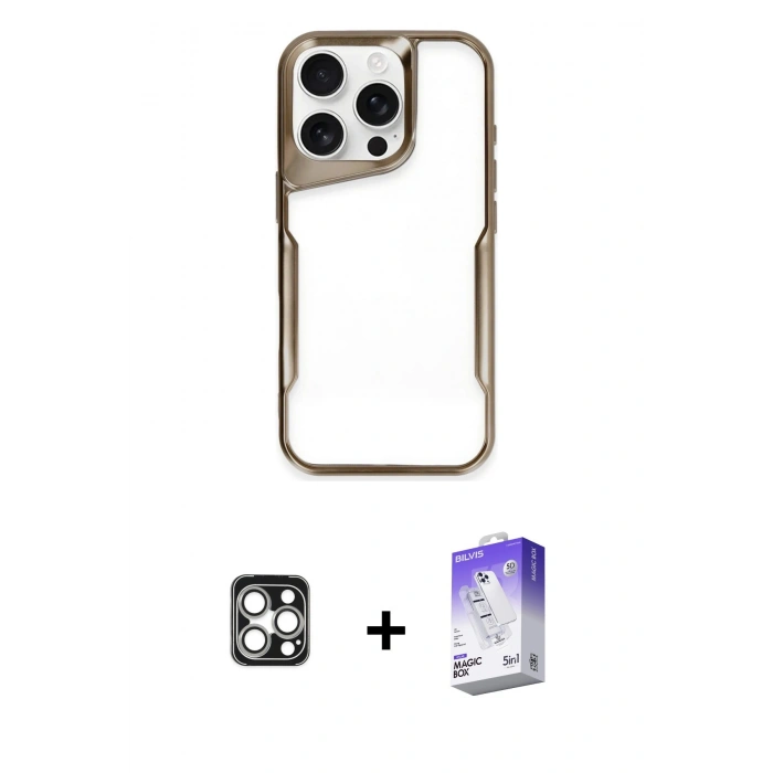 MARSİLYAN™- iPhone 16 Pro Max Kılıf Akış Çizgi Koleksiyonu - Siyah Bilvis 5in1 3D Magic Cam Ekran Koruyucu + Gümüş PVD Metal Kamera Lens