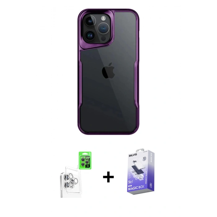 MARSİLYAN™- iPhone 16 Pro Max Kılıf Akış Çizgi Koleksiyonu - Siyah Bilvis 5in1 5D Magic Hayalet Cam Ekran Koruyucu + Raze Metal Kamera Lens - BZ