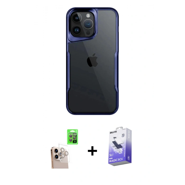MARSİLYAN™- iPhone 16 Pro Max Kılıf Akış Çizgi Koleksiyonu - Siyah Bilvis 5in1 5D Magic Hayalet Cam Ekran Koruyucu + Raze Metal Kamera Lens - NLGY