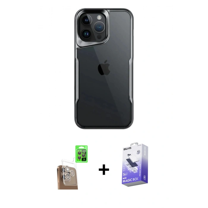 MARSİLYAN™- iPhone 16 Pro Max Kılıf Akış Çizgi Koleksiyonu - Siyah Bilvis 5in1 5D Magic Hayalet Cam Ekran Koruyucu + Raze Metal Kamera Lens - CLTM