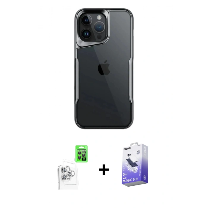 MARSİLYAN™- iPhone 16 Pro Max Kılıf Akış Çizgi Koleksiyonu - Siyah Bilvis 5in1 5D Magic Hayalet Cam Ekran Koruyucu + Raze Metal Kamera Lens - BZ