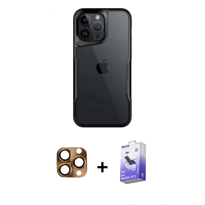 MARSİLYAN™- iPhone 16 Pro Max Kılıf Akış Çizgi Koleksiyonu - Siyah Bilvis 5in1 5D Magic Hayalet Cam Ekran Koruyucu + Pers Alüminyum Kamera Lens - CLTM