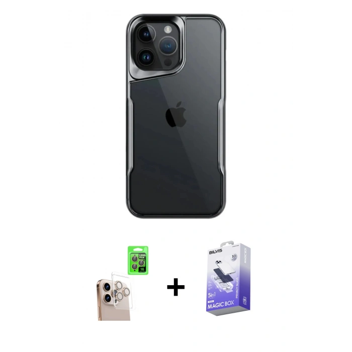 MARSİLYAN™- iPhone 16 Pro Max Kılıf Akış Çizgi Koleksiyonu - Siyah Bilvis 5in1 5D Magic Hayalet Cam Ekran Koruyucu + Raze Metal Kamera Lens - NLGY