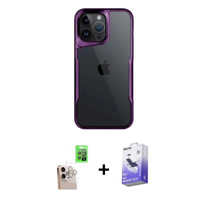 MARSİLYAN™- iPhone 16 Pro Max Kılıf Akış Çizgi Koleksiyonu - Siyah Bilvis 5in1 5D Magic Hayalet Cam Ekran Koruyucu + Raze Metal Kamera Lens - NLGY