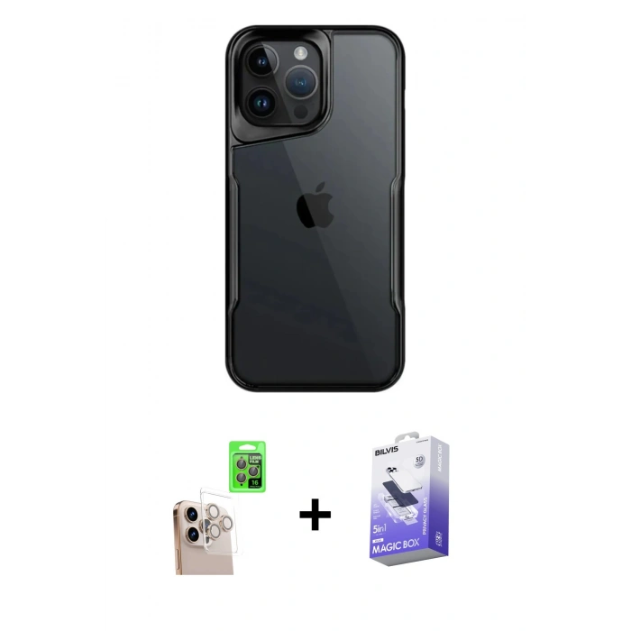 MARSİLYAN™- iPhone 16 Pro Max Kılıf Akış Çizgi Koleksiyonu - Siyah Bilvis 5in1 5D Magic Hayalet Cam Ekran Koruyucu + Raze Metal Kamera Lens - NLGY