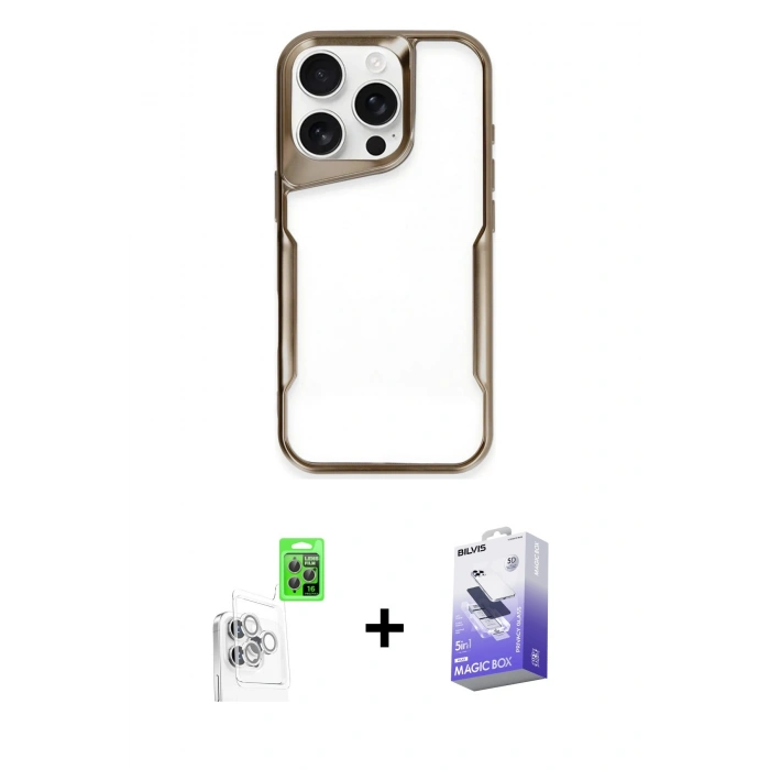 MARSİLYAN™- iPhone 16 Pro Max Kılıf Akış Çizgi Koleksiyonu - Siyah Bilvis 5in1 5D Magic Hayalet Cam Ekran Koruyucu + Raze Metal Kamera Lens - BZ