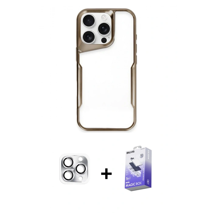 MARSİLYAN™- iPhone 16 Pro Max Kılıf Akış Çizgi Koleksiyonu - Siyah Bilvis 5in1 5D Magic Hayalet Cam Ekran Koruyucu + Pers Alüminyum Kamera Lens - GS