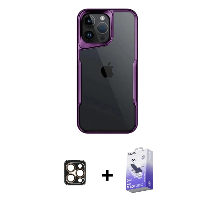 MARSİLYAN™- iPhone 16 Pro Max Kılıf Akış Çizgi Koleksiyonu - Siyah Bilvis 5in1 5D Magic Hayalet Cam Ekran Koruyucu + PVD Metal Kamera Lens - GD