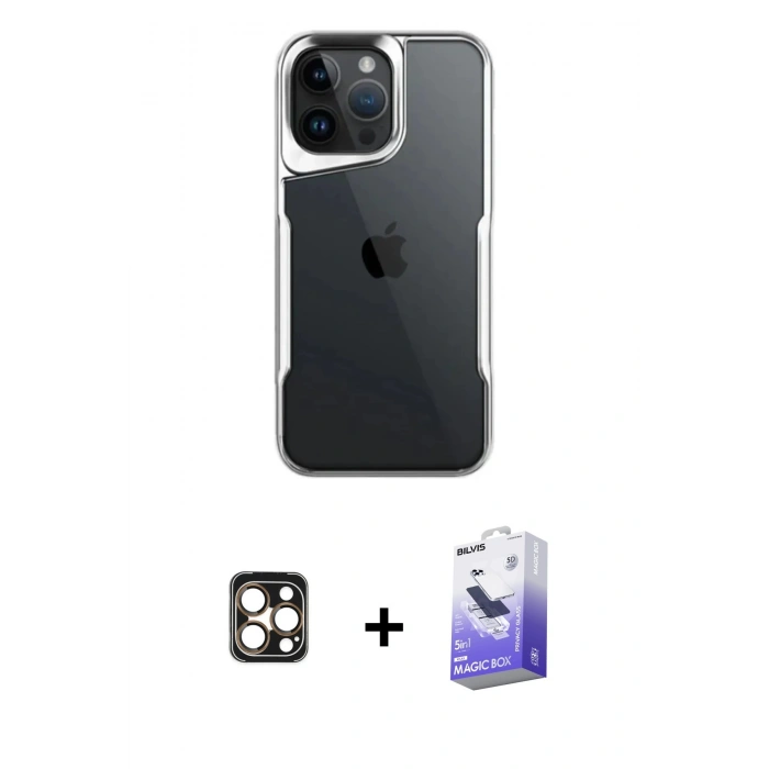 MARSİLYAN™- iPhone 16 Pro Max Kılıf Akış Çizgi Koleksiyonu - Siyah Bilvis 5in1 5D Magic Hayalet Cam Ekran Koruyucu + PVD Metal Kamera Lens - GD