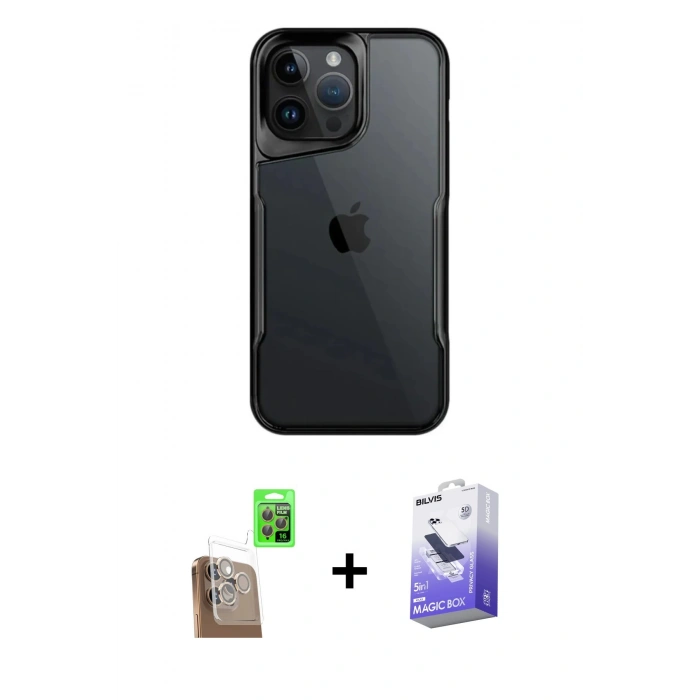 MARSİLYAN™- iPhone 16 Pro Max Kılıf Akış Çizgi Koleksiyonu - Siyah Bilvis 5in1 5D Magic Hayalet Cam Ekran Koruyucu + Raze Metal Kamera Lens - CLTM