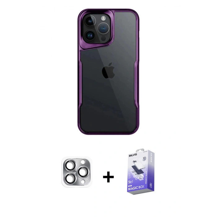 MARSİLYAN™- iPhone 16 Pro Max Kılıf Akış Çizgi Koleksiyonu - Siyah Bilvis 5in1 5D Magic Hayalet Cam Ekran Koruyucu + Gri Pers Alüminyum Kamera Lens