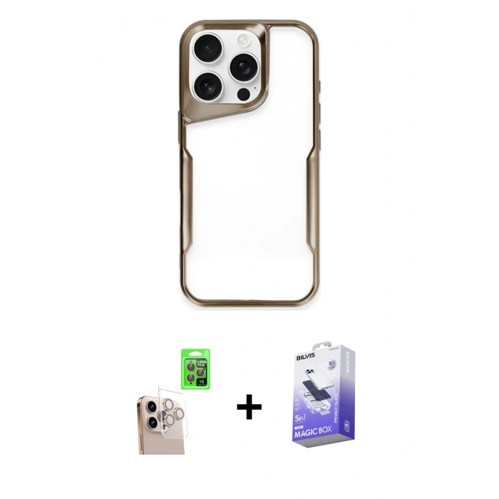 MARSİLYAN™- iPhone 16 Pro Max Kılıf Akış Çizgi Koleksiyonu - Siyah Bilvis 5in1 5D Magic Hayalet Cam Ekran Koruyucu + Raze Metal Kamera Lens - NLGY