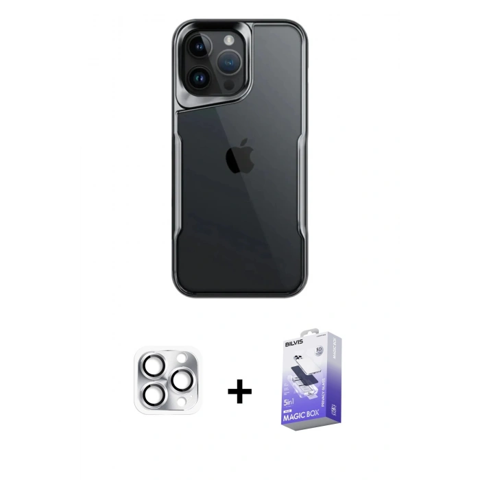 MARSİLYAN™- iPhone 16 Pro Max Kılıf Akış Çizgi Koleksiyonu - Siyah Bilvis 5in1 5D Magic Hayalet Cam Ekran Koruyucu + Pers Alüminyum Kamera Lens - GS