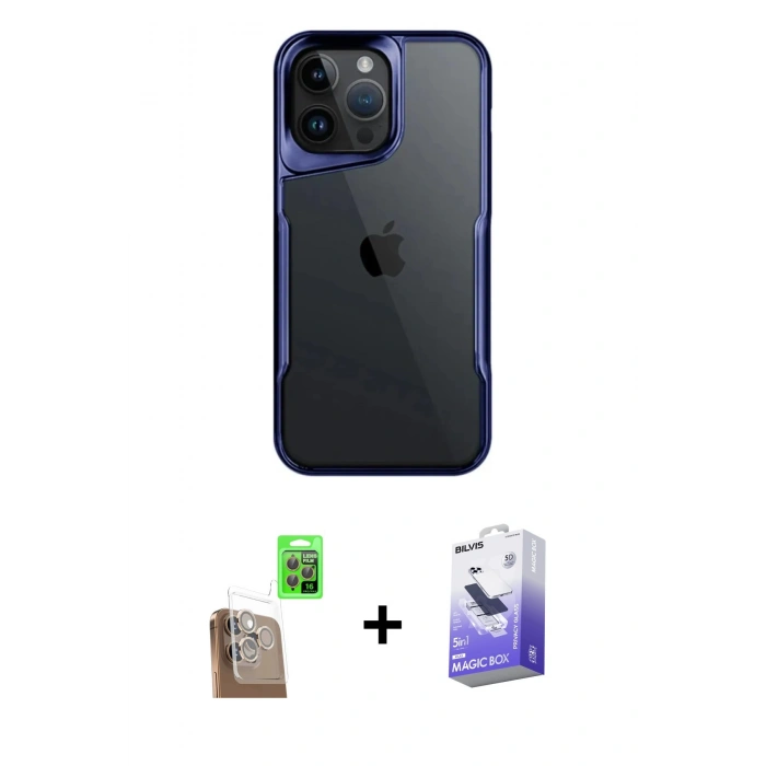 MARSİLYAN™- iPhone 16 Pro Max Kılıf Akış Çizgi Koleksiyonu - Siyah Bilvis 5in1 5D Magic Hayalet Cam Ekran Koruyucu + Raze Metal Kamera Lens - CLTM