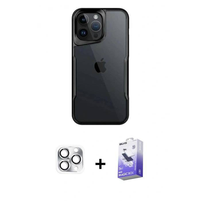 MARSİLYAN™- iPhone 16 Pro Max Kılıf Akış Çizgi Koleksiyonu - Siyah Bilvis 5in1 5D Magic Hayalet Cam Ekran Koruyucu + Pers Alüminyum Kamera Lens - GS
