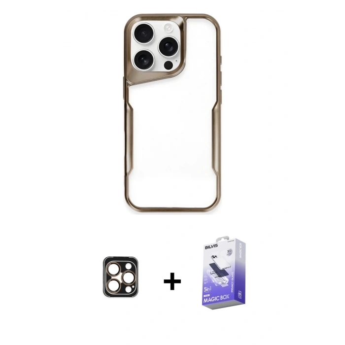 MARSİLYAN™- iPhone 16 Pro Max Kılıf Akış Çizgi Koleksiyonu - Siyah Bilvis 5in1 5D Magic Hayalet Cam Ekran Koruyucu + PVD Metal Kamera Lens - GD
