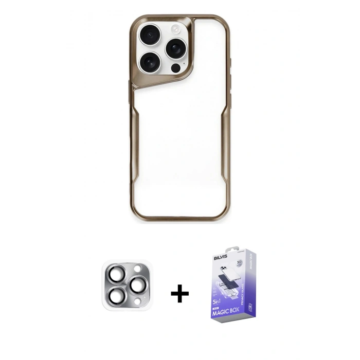 MARSİLYAN™- iPhone 16 Pro Max Kılıf Akış Çizgi Koleksiyonu - Siyah Bilvis 5in1 5D Magic Hayalet Cam Ekran Koruyucu + Gri Pers Alüminyum Kamera Lens