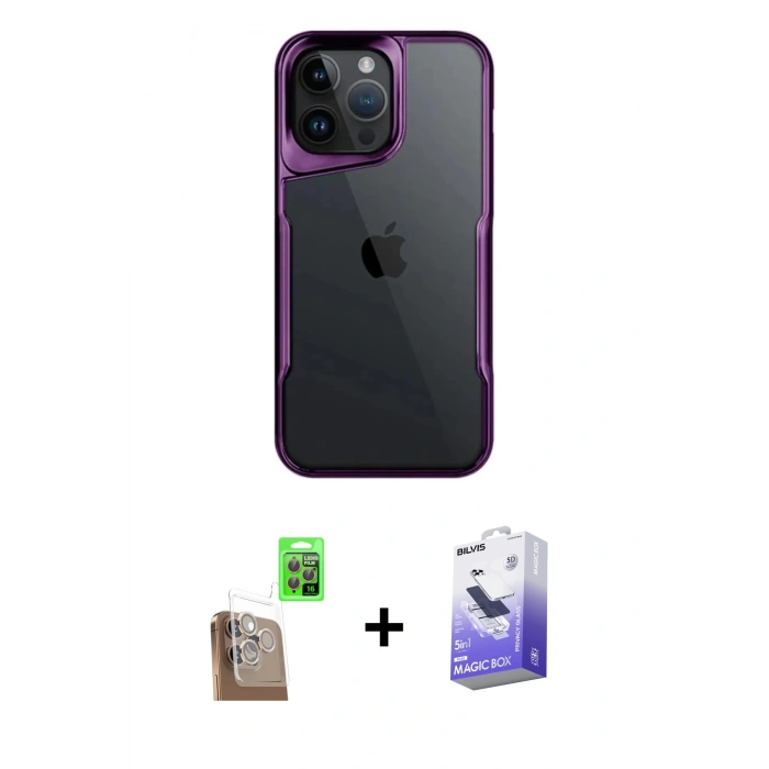 MARSİLYAN™- iPhone 16 Pro Max Kılıf Akış Çizgi Koleksiyonu - Siyah Bilvis 5in1 5D Magic Hayalet Cam Ekran Koruyucu + Raze Metal Kamera Lens - CLTM