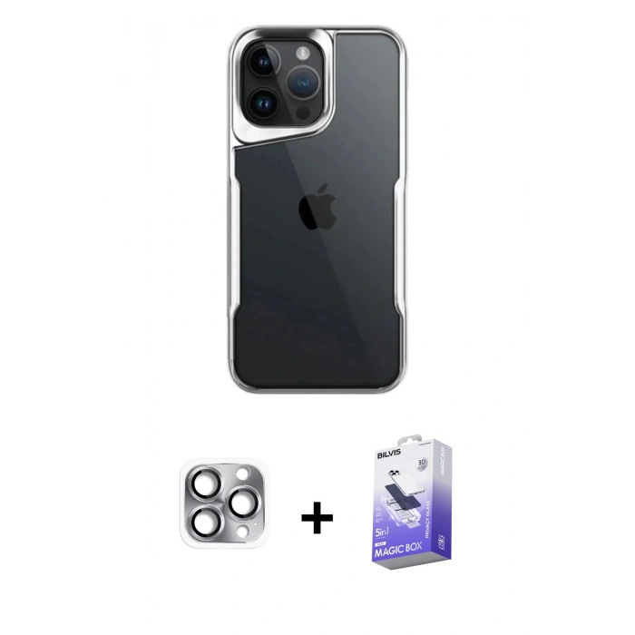 MARSİLYAN™- iPhone 16 Pro Max Kılıf Akış Çizgi Koleksiyonu - Siyah Bilvis 5in1 5D Magic Hayalet Cam Ekran Koruyucu + Gri Pers Alüminyum Kamera Lens