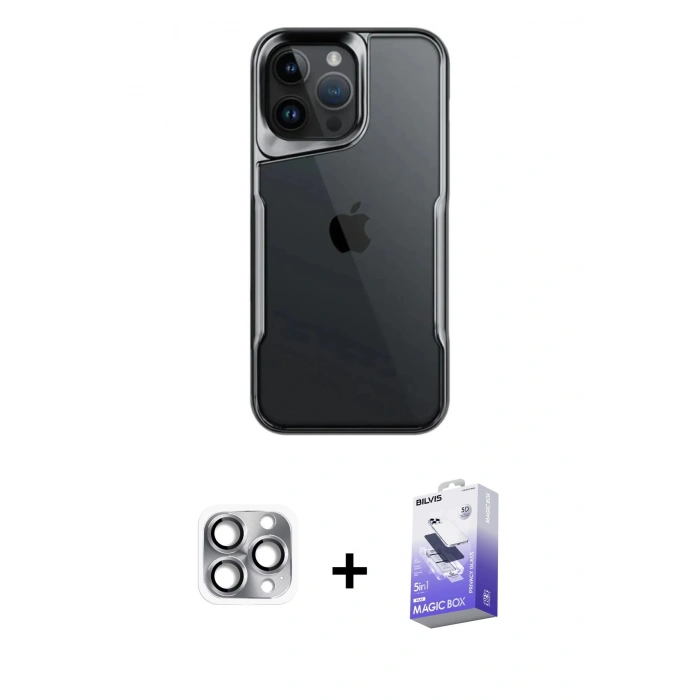 MARSİLYAN™- iPhone 16 Pro Max Kılıf Akış Çizgi Koleksiyonu - Siyah Bilvis 5in1 5D Magic Hayalet Cam Ekran Koruyucu + Gri Pers Alüminyum Kamera Lens