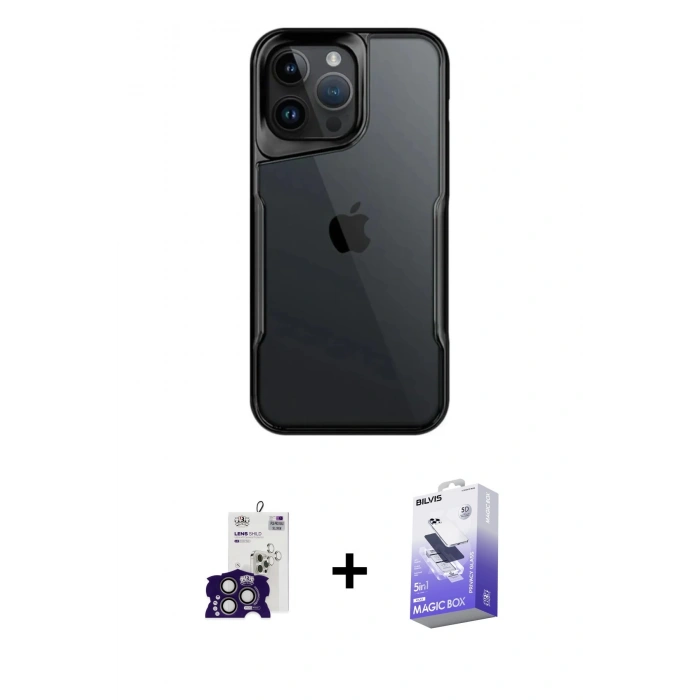 MARSİLYAN™- iPhone 16 Pro Max Kılıf Akış Çizgi Koleksiyonu - Siyah Bilvis 5in1 5D Magic Hayalet Cam Ekran Koruyucu + Bilvis Titan Kamera Lens - TMGI