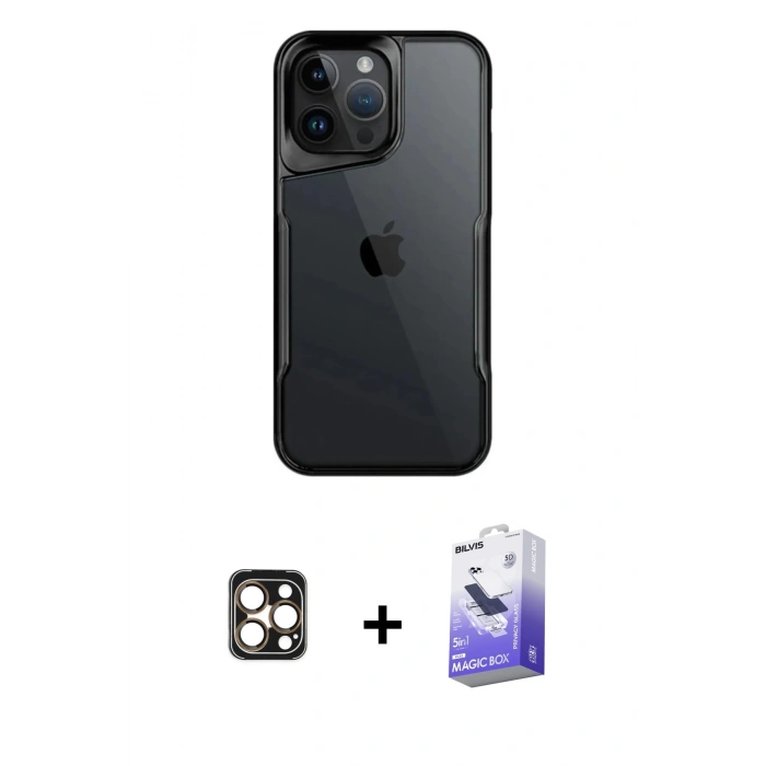 MARSİLYAN™- iPhone 16 Pro Max Kılıf Akış Çizgi Koleksiyonu - Siyah Bilvis 5in1 5D Magic Hayalet Cam Ekran Koruyucu + PVD Metal Kamera Lens - GD