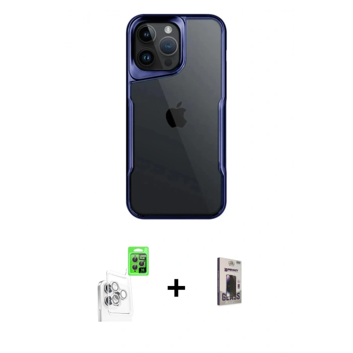 MARSİLYAN™- iPhone 16 Pro Max Kılıf Akış Çizgi Koleksiyonu - Siyah Bilvis Hayalet Cam Ekran Koruyucu + Beyaz Raze Metal Kamera Lens