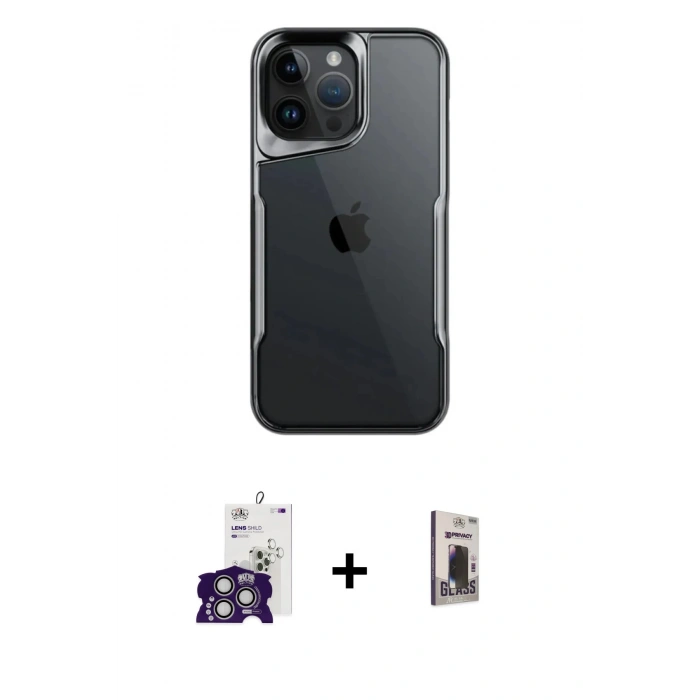 MARSİLYAN™- iPhone 16 Pro Max Kılıf Akış Çizgi Koleksiyonu - Siyah Bilvis Hayalet Cam Ekran Koruyucu + Bilvis Titan Kamera Lens - GS