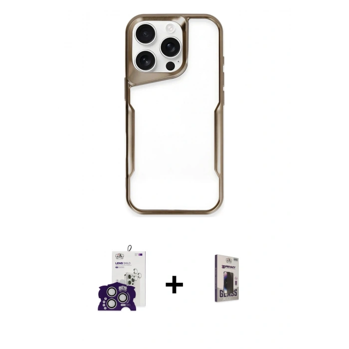 MARSİLYAN™- iPhone 16 Pro Max Kılıf Akış Çizgi Koleksiyonu - Siyah Bilvis Hayalet Cam Ekran Koruyucu + Bilvis Titan Kamera Lens - GS