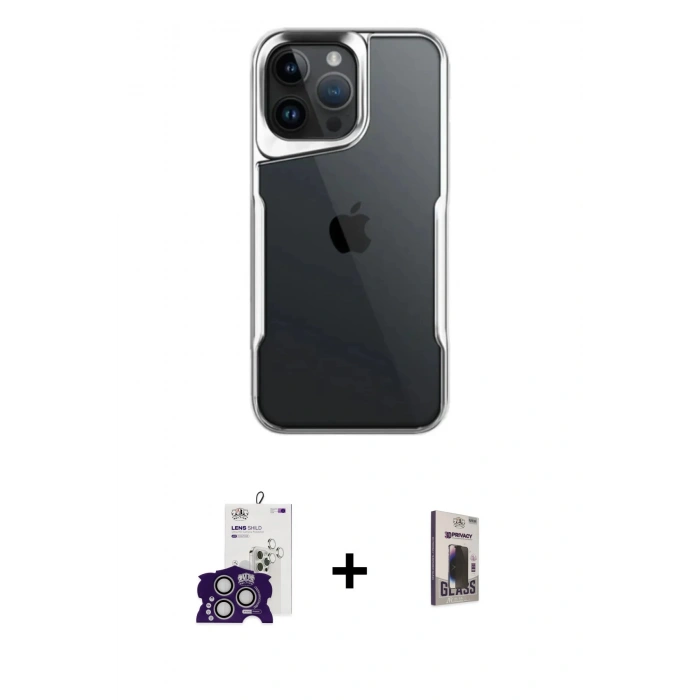 MARSİLYAN™- iPhone 16 Pro Max Kılıf Akış Çizgi Koleksiyonu - Siyah Bilvis Hayalet Cam Ekran Koruyucu + Bilvis Titan Kamera Lens - GS