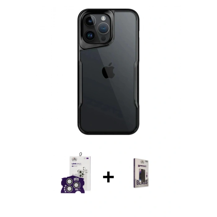 MARSİLYAN™- iPhone 16 Pro Max Kılıf Akış Çizgi Koleksiyonu - Siyah Bilvis Hayalet Cam Ekran Koruyucu + Bilvis Titan Kamera Lens - GS