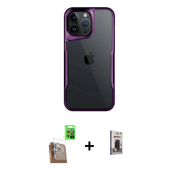 MARSİLYAN™- iPhone 16 Pro Max Kılıf Akış Çizgi Koleksiyonu - Siyah Bilvis Hayalet Cam Ekran Koruyucu + Raze Metal Kamera Lens - CLTM
