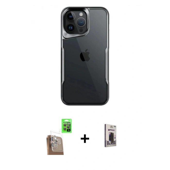 MARSİLYAN™- iPhone 16 Pro Max Kılıf Akış Çizgi Koleksiyonu - Siyah Bilvis Hayalet Cam Ekran Koruyucu + Raze Metal Kamera Lens - CLTM